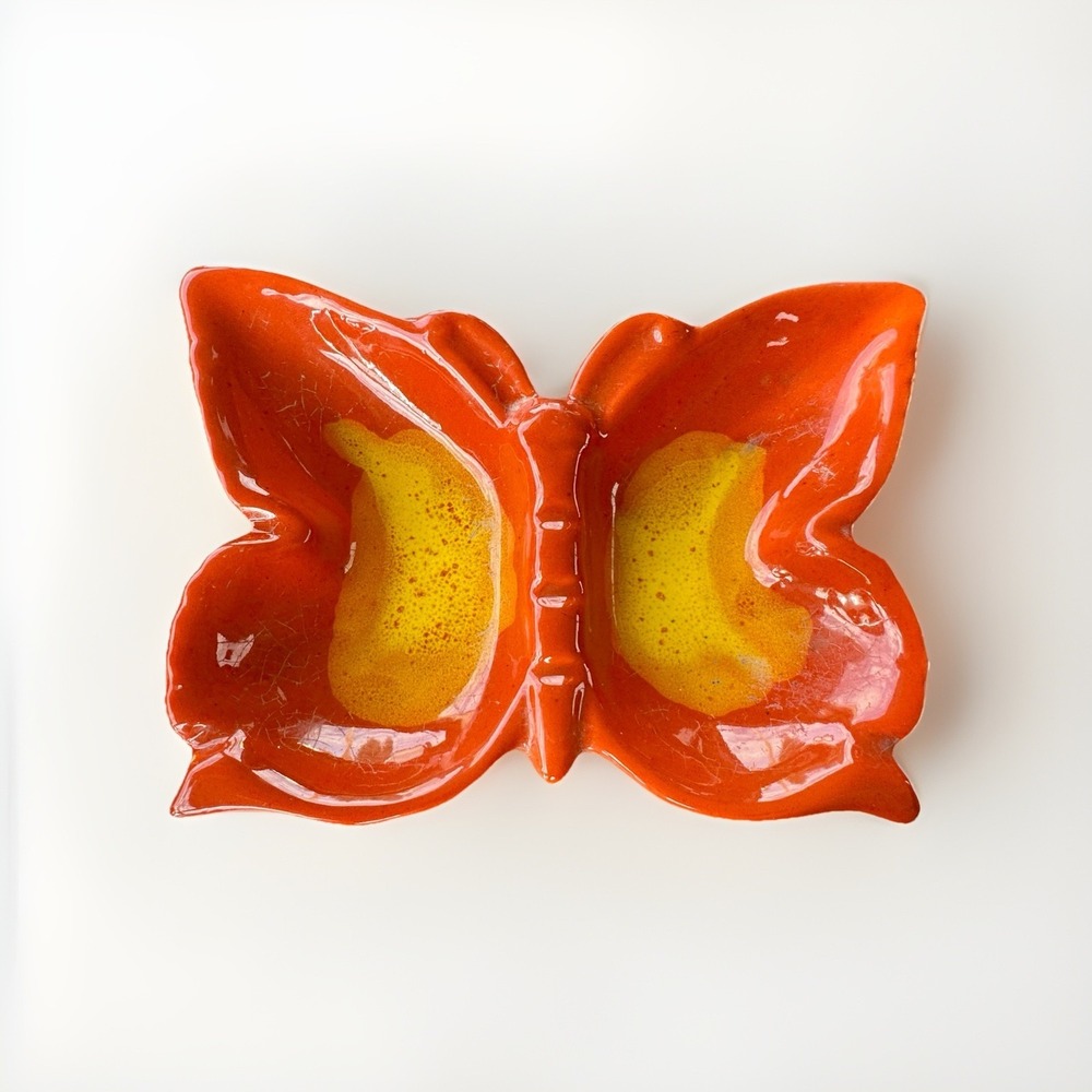 Vintage MCM California Pottery Butterfly Ashtray Trinket Tray Dish Orange Retro